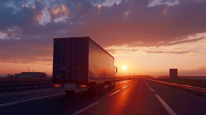 Camión de reparto comercial en carretera al atardecer